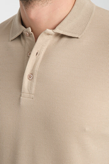 Frappoli Walfer Men's Slim Fit Polo Neck T-Shirt - Dark Beige, 100% Cotton, Non-Drawing Waffle Fabric