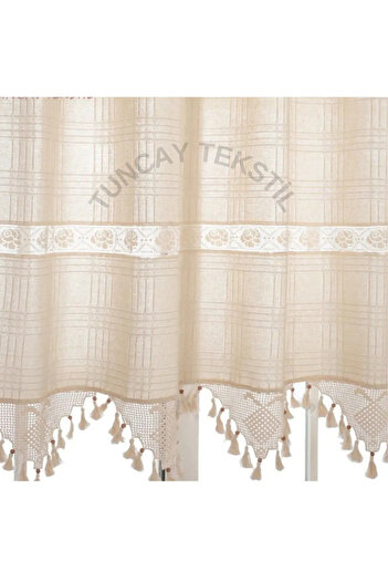 TUNCAY TEKSTİL Bodrum - Natural Cotton, Lacy Linen Sunshade Curtain, Cross Stitch Sea Buldan