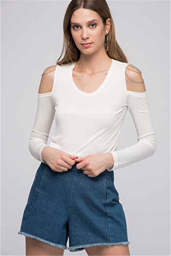 Cotton Mood 8141376 Viscose V-Neck Off-The-Shoulder Chain Detail Blouse Ekru