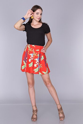 Cotton Mood 92814022 Dok.viscose Patterned Piece Elastic Short Skirt Red Floral