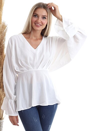 Cotton Mood 20343320 Ayrobin Front Pleated Batwing Sleeve Blouse Ecru