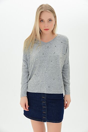 Cotton Mood 9100930 Yumoş V-Neck Front Pearl Blouse Gray