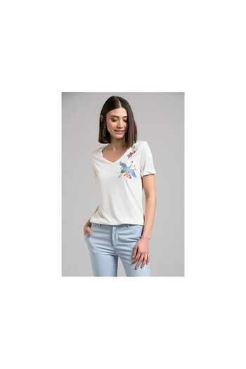 Cotton Mood 7130562 Stork Embroidered V-Neck Boyfriend Short Sleeve Blouse Ecru