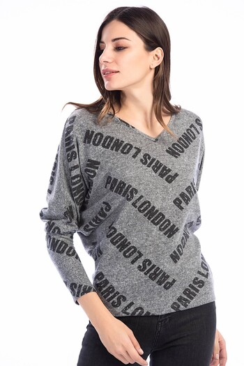 Cotton Mood 84609452 Yumoş Paris Printed V-Neck Bat Blouse Gray