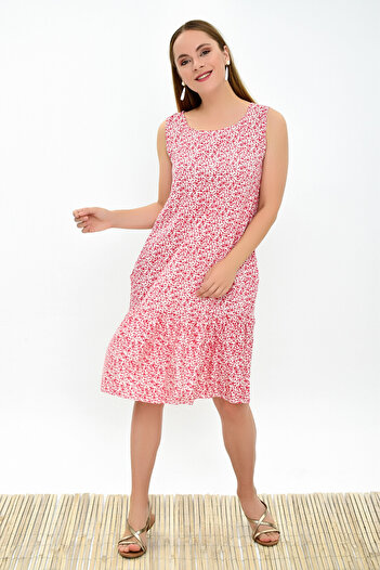 Cotton Mood 93030322 Dok.Vis.Çıtır Deseteği Ruffled Sleeveless Dress with Pockets Ecru-Bordo