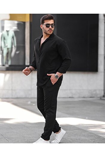 Black Sokak Men's Black Summer Long Sleeve Shirt Suit