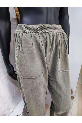 Sosyete Kaplumbağa Organic Cotton Linen Mesh Embroidery Detail Pocketed Carrot Pants
