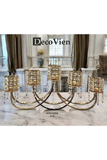 decovien 5'li lüks taşlı şamdan gold