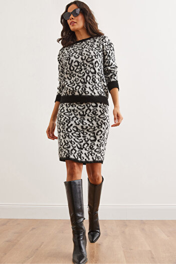 Olalook Women's Black Bottom Top Leopard Knitwear Set Tkm- 19000341