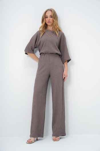 Trend Alaçatı Stili Mink Boat Neck Loose Blouse and Palazzo Pants - Bat Sleeve, Wrapped Alc-X13470
