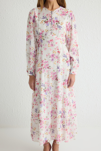 Trendyol Modest Φόρεμα από υφαντό σιφόν εκρού με λουλούδια TCTSS25EB00036