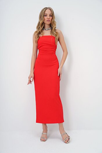 Trend Alaçatı Stili Red Wrap Strapless Side Drawstring Summer Dress - Alc-X13413