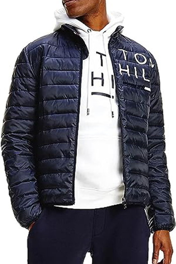 Tommy Hilfiger Mw0mw21018dw5 Синє чоловіче пальто з принтом на блискавці нормального крою з застібкою-блискавкою