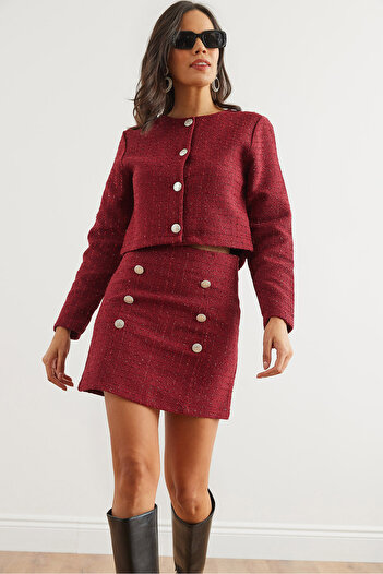 Olalook Women's Burgundy Button Detailed Skirt Jacket Set Tkm- 19000316