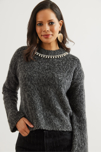 Olalook Women's Anthracite Necklace Detailed Soft Textured Raster Pullover Kzk- 19000958