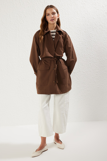 Trendyol Collection Dark Brown Piece Detailed Regular Midi Trench Coat Twoss25Tr00018