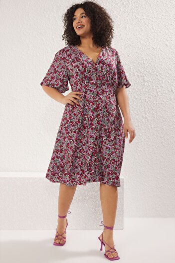 Trendyol Curve Multicolor V-Neck Button Crispy Floral Woven Dress Tbbss23Ah00101