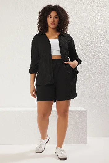 Trendyol Curve Plus Size Black Shirt Collar Textured Stretchy Fabric - Tbbss25Ax00000