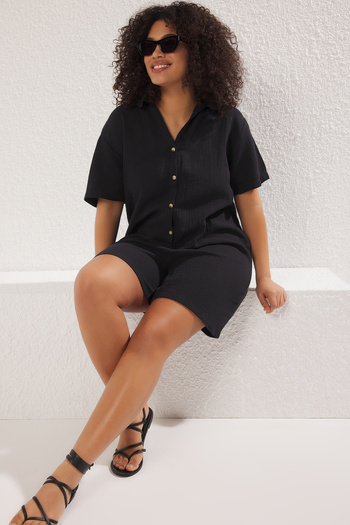 Trendyol Curve Plus Size Black Muslin Woven Beachwear - 100% Cotton Jumpsuit Tbbss25Bg00000