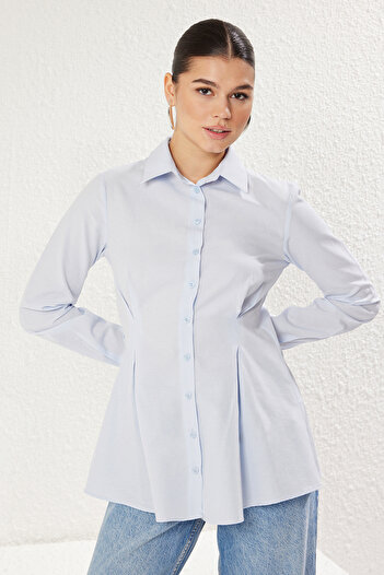 Trendyol Modest Cămașă albastră din bumbac cu talie plisată TCTSS25TG00015