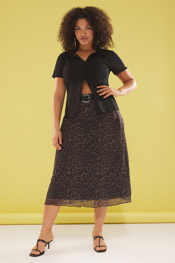 Trendyol Curve Plus Size Khaki A-Line Leopard Print Tulle Skirt - Tbbaw25Az00006