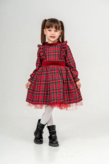 Eray Kids Kırmızı Ekose Desen Fiyonk Detaylı Kız Çocuk Elbise