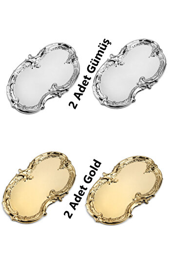 AHİR TİCARET 2 Gold 2 Silver Color Processing Patterned Artnova Serving and Presentation Tray
