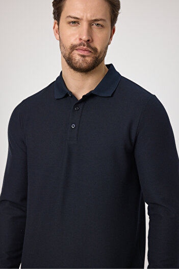 Frappoli Lewin Men's Navy Blue 100% Cotton Waffle-Free Stretching Fabric Slim Fit Long Sleeve Polo T-Shirt
