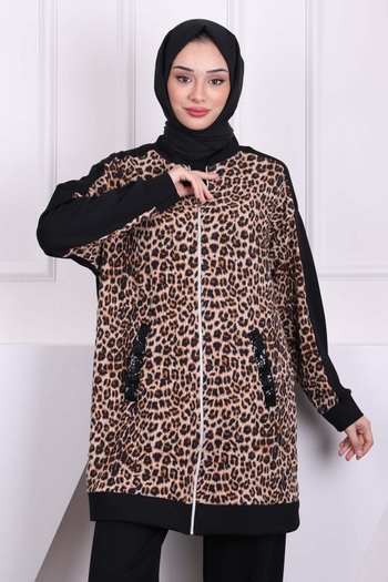İmajButik Leopard Print Black Sequined Tunic - Pants