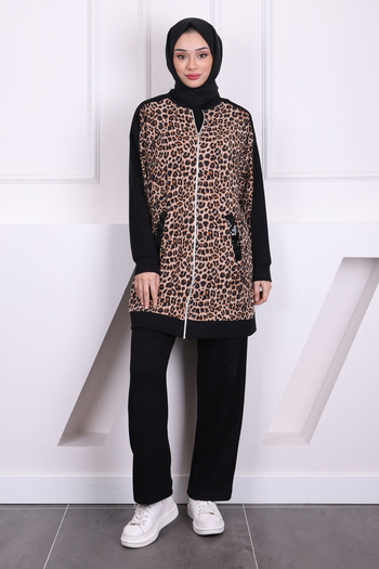 İmajButik Leopard Print Black Sequined Tunic - Pants