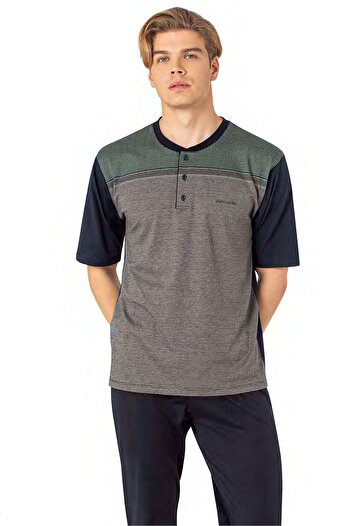 Pierre Cardin 6090 Men's Short Sleeve 3-Piece Jacquard Pajamas Set-Green