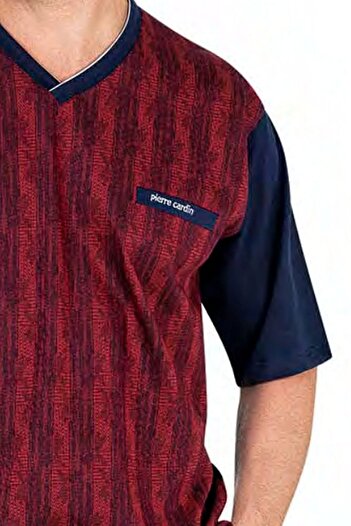 Pierre Cardin 6052 Men's Short Sleeve Jacquard 3-Piece Pajama Set-Burgundy