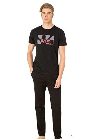 Pierre Cardin 6076 Men's Short Sleeve Crew Neck Pajamas Set-Black
