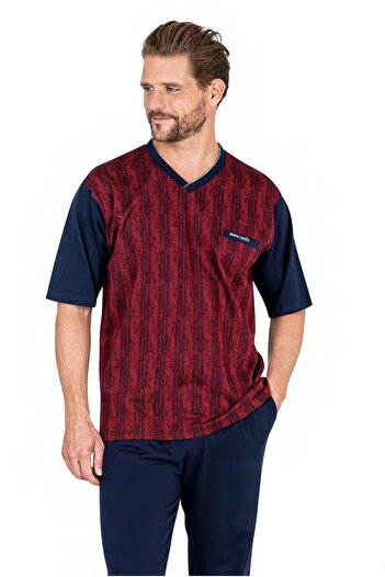 Pierre Cardin 6052 Men's Short Sleeve Jacquard 3-Piece Pajama Set-Burgundy