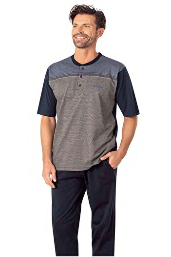 Pierre Cardin 6090 Men's Short Sleeve 3-Piece Jacquard Pajamas Set-Navy Blue