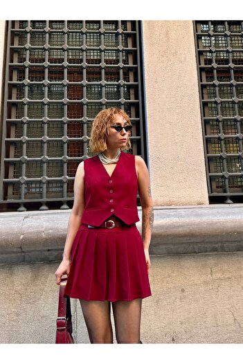 Bak'ap Pleated Belted Burgundy Shorts Skirt Vest Set of 2
