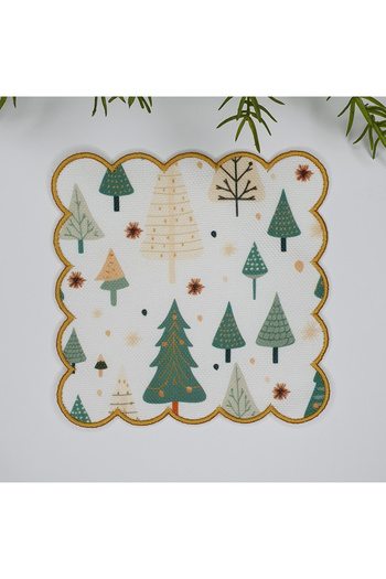 DECO Elegant Pine Trees Christmas Themed Embroidery Edge Cocktail Napkin 1 Piece