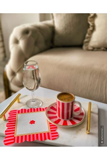 DECO Decorative Pink Edge Floral Patterned Digital Printed Fabric Cocktail Napkin 1 Piece