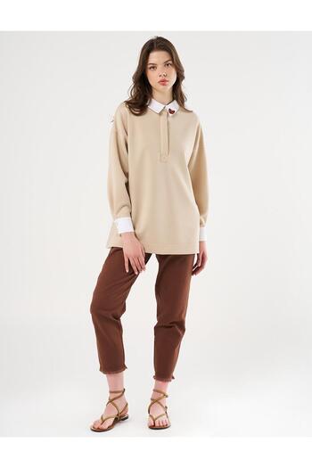 Kayra Light Beige Scuba Sweatshirt - Buckle Detailed