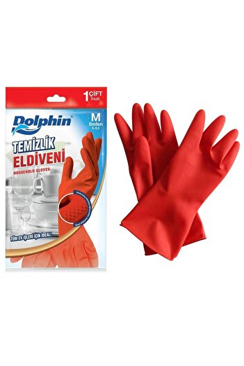 Dolphin Lateks Bulaşık Temizlik Eldiveni - Kırmızı - Orta Boy ( Medium ) - 8-8,5 - 5 Paket