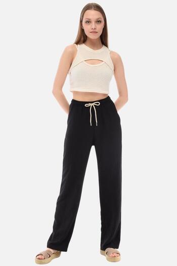 CEDY DENIM Women's Summer Synthetic Linen High Waist Elastic Loose Leg Pants C610