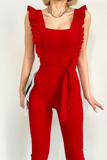 Mossta Frilly Sleeve Belted Square Collar Crepe Jumpsuit
