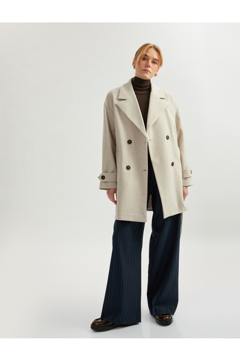 Koton Double Breasted Thin Stamp Coat with Long Sleeve Belt Pockets