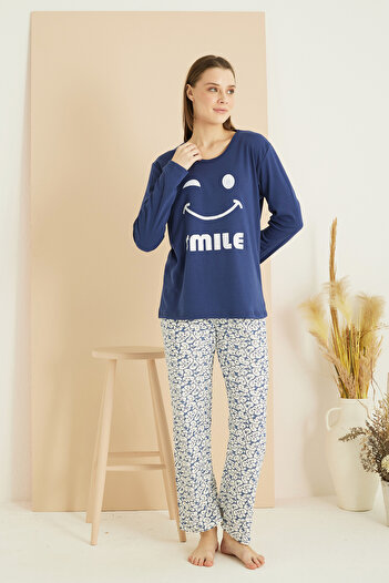 Siyah İnci Navy Patterned Interlock Cotton Knitted Pajamas Suit 7819