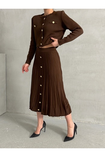 Lusin Bitter Brown Women's Knitwear Set - Button Detailed Cardigan and Midi Skirt S/M