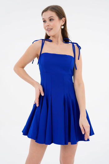 bayansepeti Φόρεμα με λεπτές τιράντες ώμου Atlas Fabric Flounces Princess Cut Strapless Κοντό Saks Μπλε φόρεμα 164