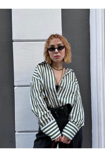 Bak'ap Modal Premium Fabric Striped Oversize Low Sleeve Striped Shirt