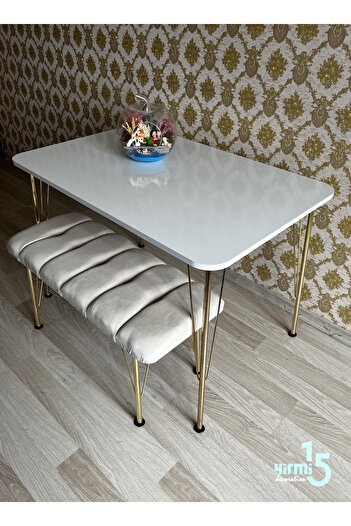 Yirmi15 Gold Metal Ayaklı 70x110  Parlak Beyaz Mutfak Masası -Balkon-Çalışma Masası