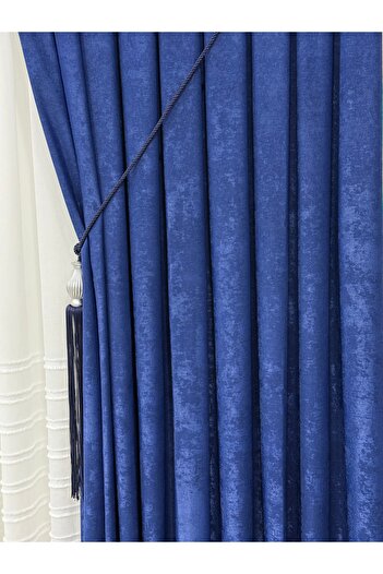 Fon Dünyası Velvet Textured Luxury Background Curtain Parliament Blue Tight Pleat (Single Wing)