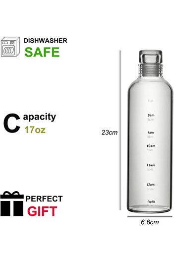 Home Zone 500ml Water Bottles with Time Marker Reusable Clear Glass Drinking Bottles